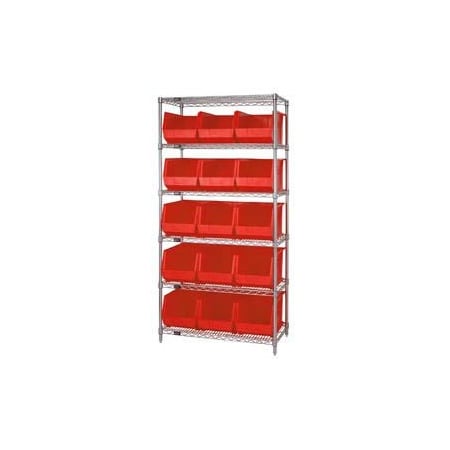 Global Industrial Chrome Wire Shelving With 15 Giant Plastic Stacking Bins Red, 36x18x74 268931RD